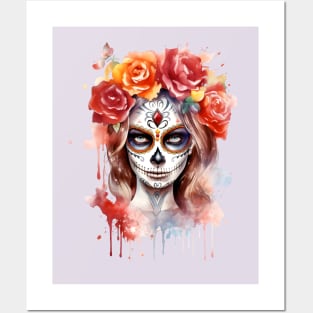 Female Sugar Skull with Roses Posters and Art